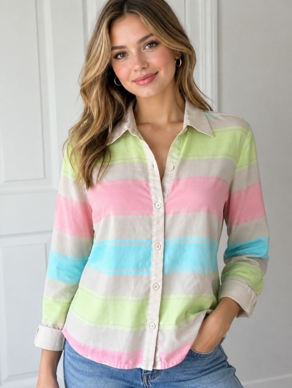 Style & Co. Pastel Striped Button-Down Shirt in Pink, Aqua, Lime & Beige LP
